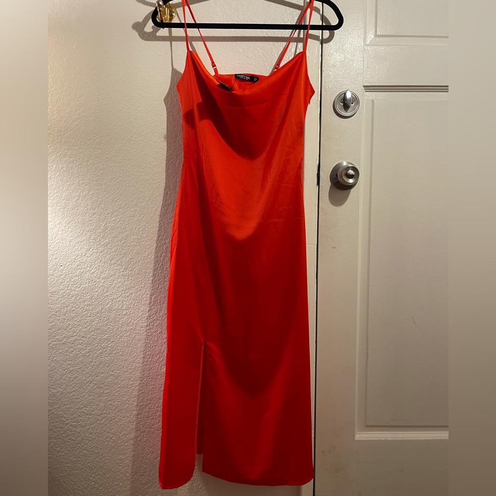 Adorable red cowl neck slip dress with slit. new with tags.